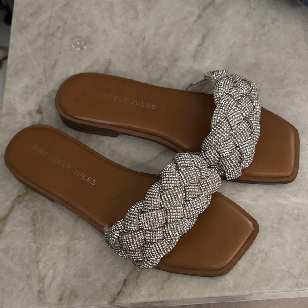 Sincerly Jules Silver Beaded Braided Slide Sandals with Brown Footbed